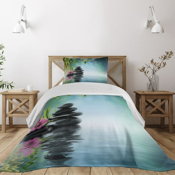 Ambesonne Spa Themed Quilted Coverlet 2 Pcs, Hibiscus Branch on Water, Twin Size, Petrol Blue Lime Green