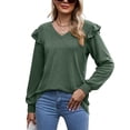 thumbnail image 1 of Camiseta holgada informal de manga larga con cuello en V y volantes (verde), 1 of 6