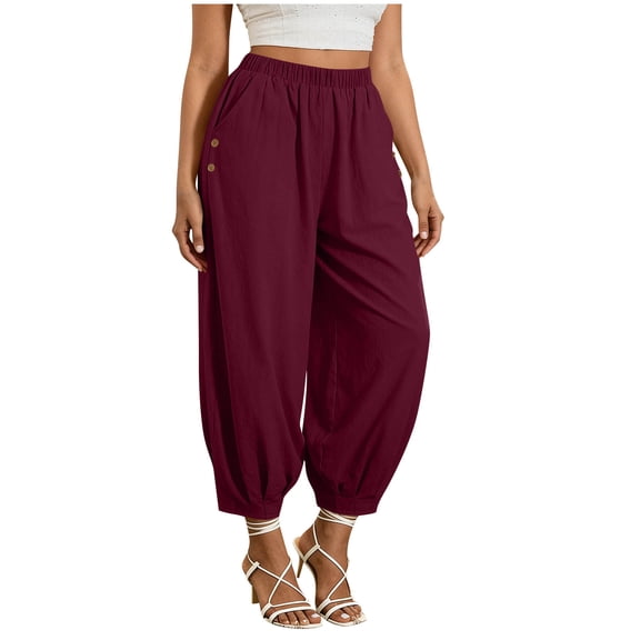 cocolona Womens Summer Casual Linen Pants Solid Color Elastic Waist Straight Vacation Beach Pants with Pockets