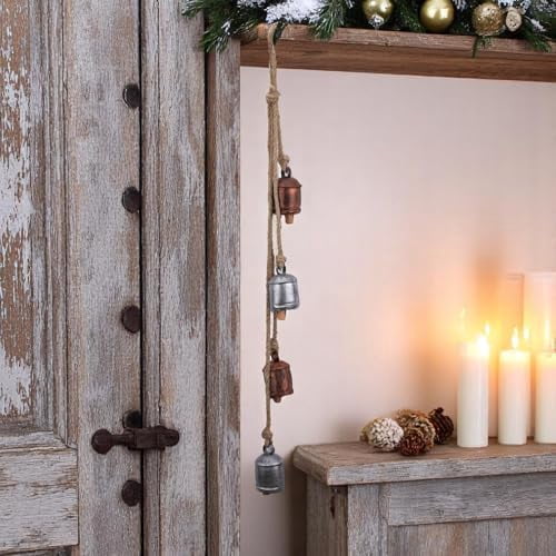 Hanging Christmas Bells 36" – 4 Rustic Cow Bell Garland on Jute Rope – Christmas Tree Ornaments, Wreath Decoration, Witch Bells, Jingle Bell, Farmhouse Decor, Indoor Outdoor (Silver-Copper)