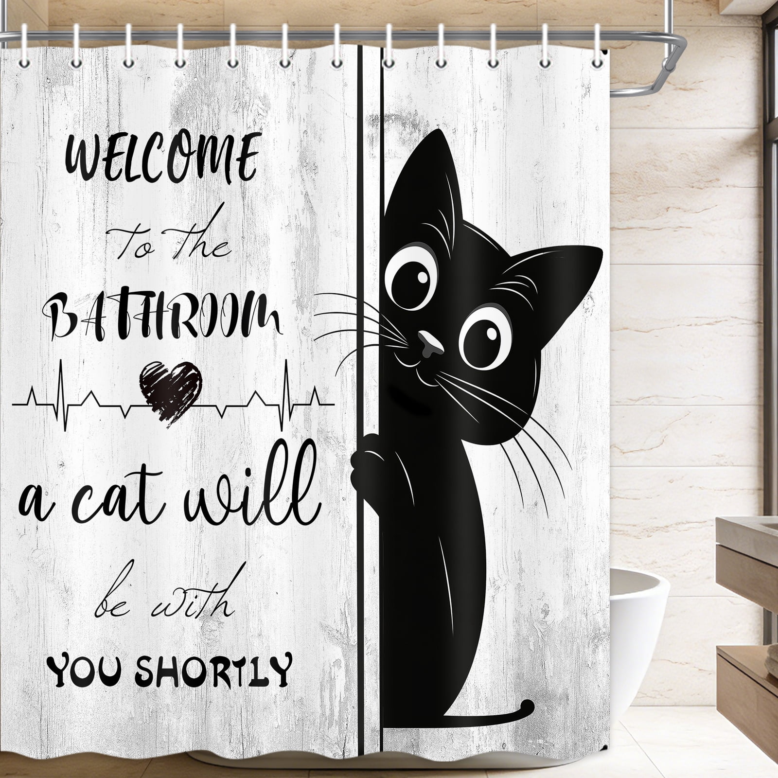 Funny Black Cat Shower Curtain, Welcome to The Bathroom Rustic Farmhouse Fabric Shower Curtain Set with Hooks, Cute Kitten Animal Waterproof Bath Curtain for Bathroom Decor,10pcs Hooks, 60X70 IN