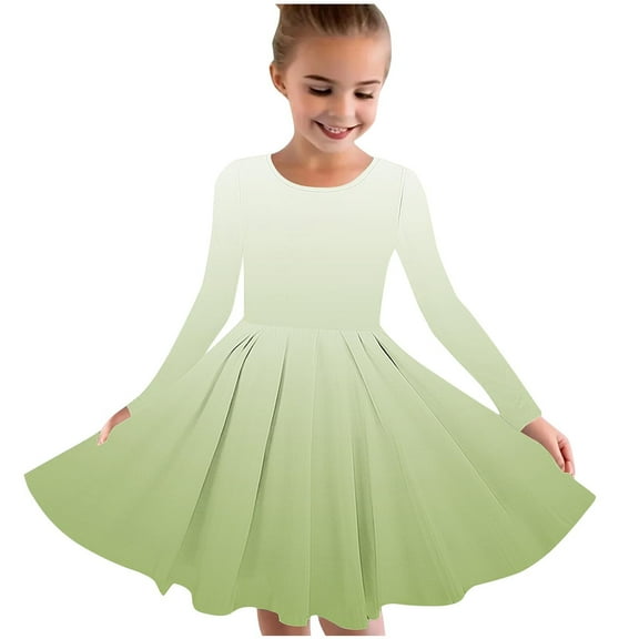 Odeerbi Toddler Girls Skater Twirl A-Line Dress Long Sleeve Pleated Dancing Dress Spring Fall Gradient Dress Stretchy Twirly Skater School Recital Dress Toddler Clothes Green