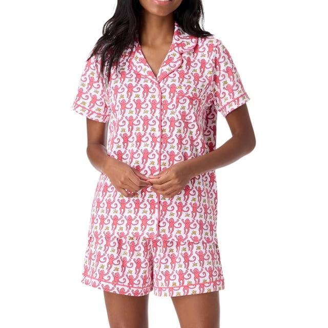 Womens Y2k Pajamas Set 2 Piece Button Down Monkey Shorts Set Roller Dupes Rabbit Preppy Loungewear Pjs Pink