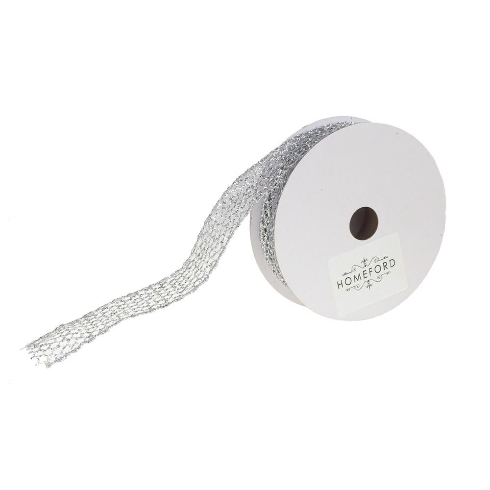 Metallic Tinsel Glitter Netting Mesh Christmas Ribbon, Silver, 1Inch