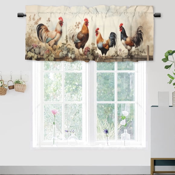 Rooster Kitchen Valance Curtain Rod Pocket Chicken Farm Rustic Farmhouse Floral Flower Fence Country Retro Window Treatment Valance Curtains for Bathroom