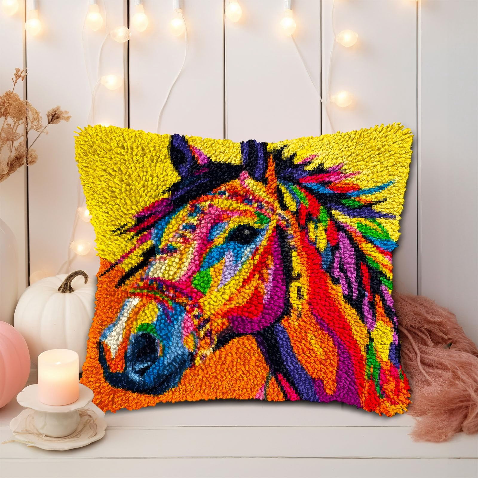 Colorful War Horse DIY Latch Hook Pillow Kits for Adults Printed Pillowcase Crochet Yarns Hooking Handmade Pillow Cover Cushion for Home Sofa Decoration 17x17inch