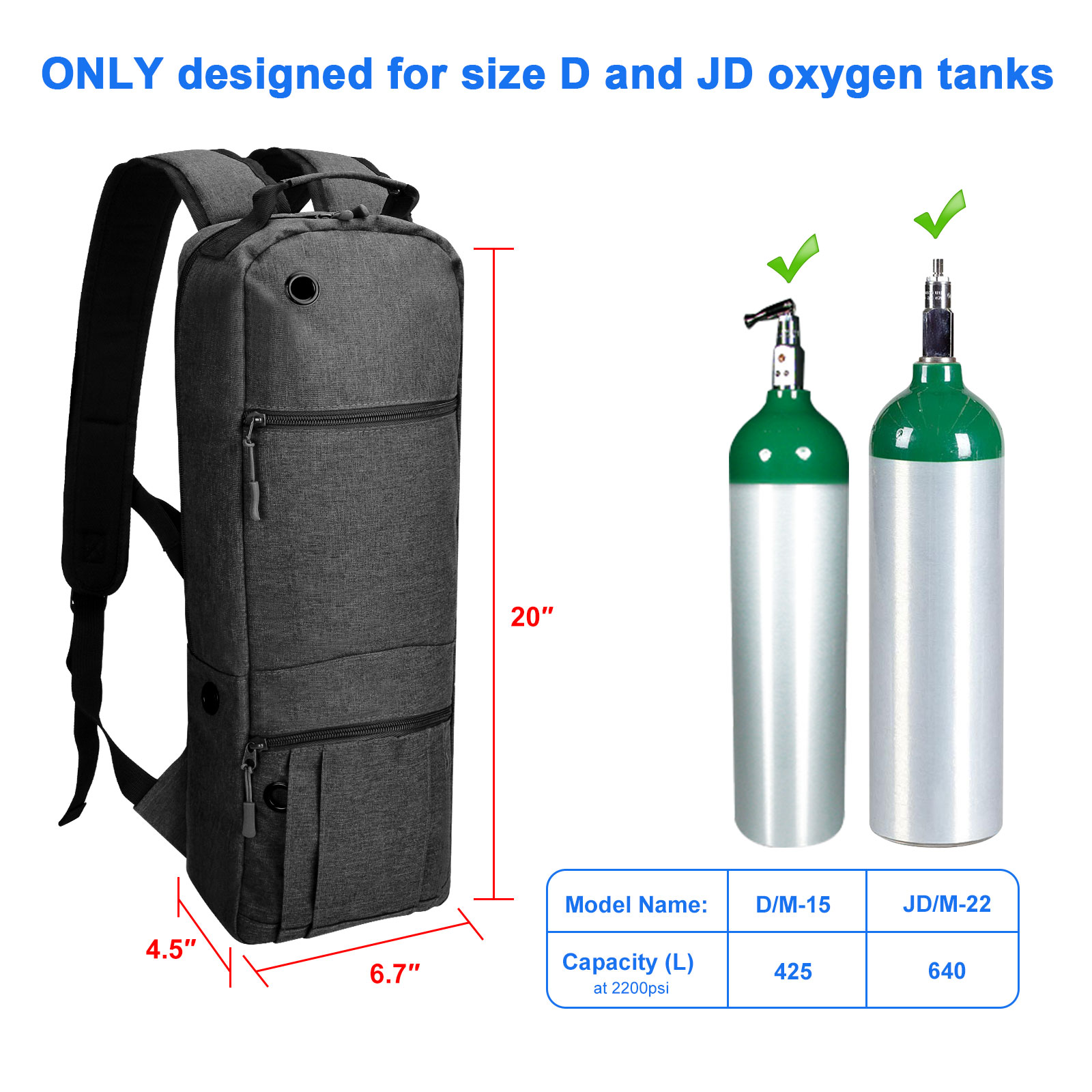 Oxygen Tank Backpack Size D, Portable Oxygen Backpack for D/M15 JD/M22 Cylinder Bag O2 Tank Carrier Holder for Travel (Black)