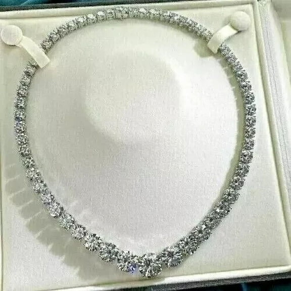 12CT Lab-Created Round Cut Diamond Women's Tennis Necklace 14K White Gold Plated
