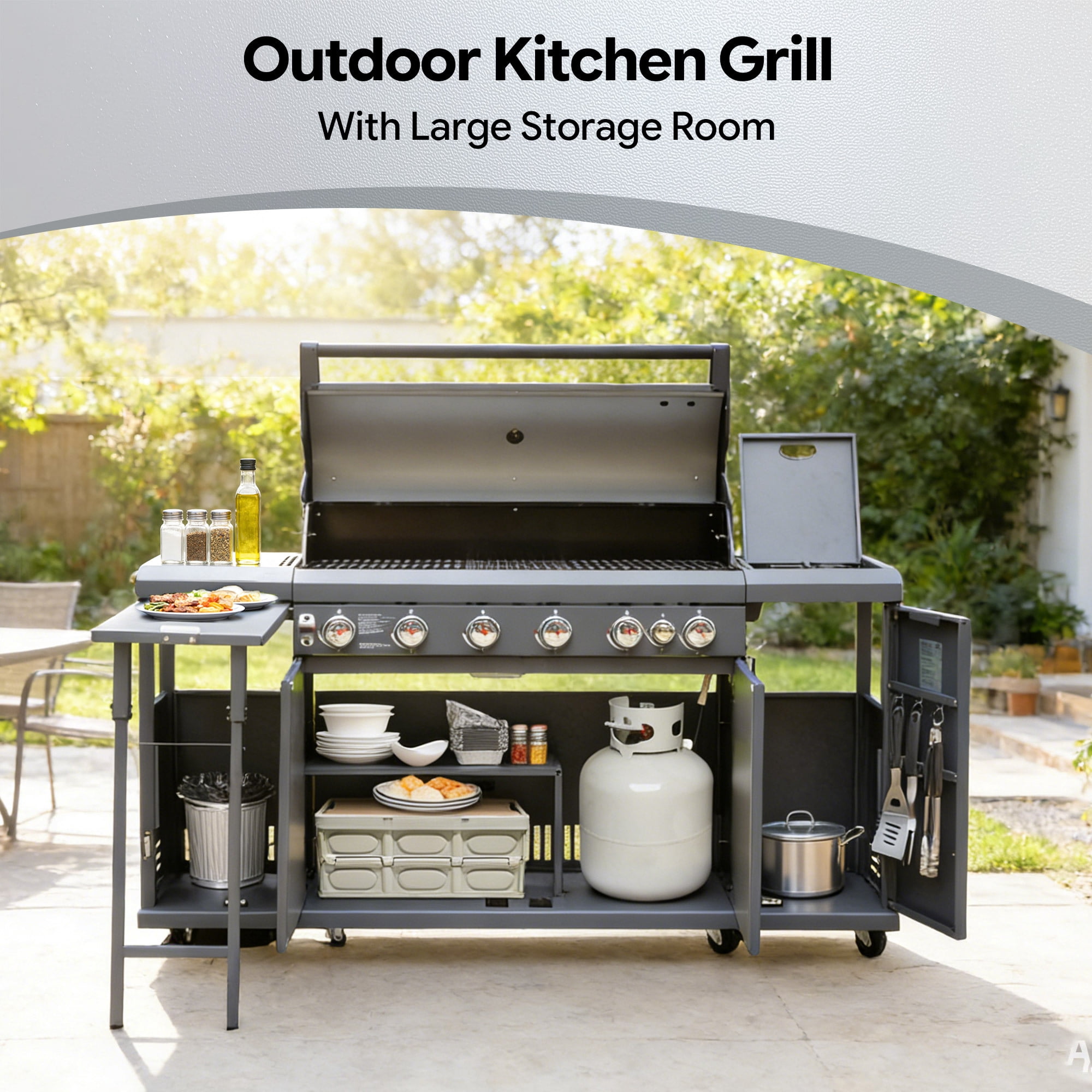 Brand Man 6-Burner Outdoor Gas Kitchen Grill Island with Side Burner, BBQ Station with Storage Cabinets and Fold-out Prep Table, LPG/NG Convertible