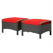 BLACK JAGUAR Outdoor PE Wicker Ottoman Set of 2 Patio Rattan Footrest Seat with Soft Cushions & Curved Acacia Wood Handles Red