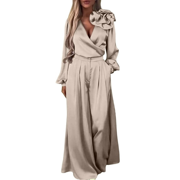 snilers Fall Sets Women 2 Piece Outfits Ruffle V Neck Long Sleeve Shirts and Wide Leg Pants Matching Sets Fashion Solid Work Sets M