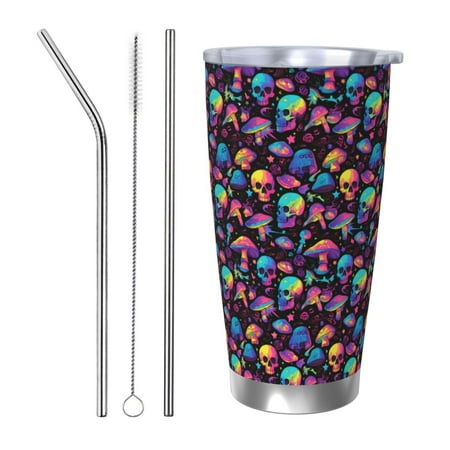 

Cauagu colorful mushroom Skull Pattern 20oz Tumbler Stainless Steel Vacuum Insulated Tumbler with Lid Durable Insulated Coffee Mug Thermal Cup with Splash Proof Sliding Lid-Straw Three-piece Set