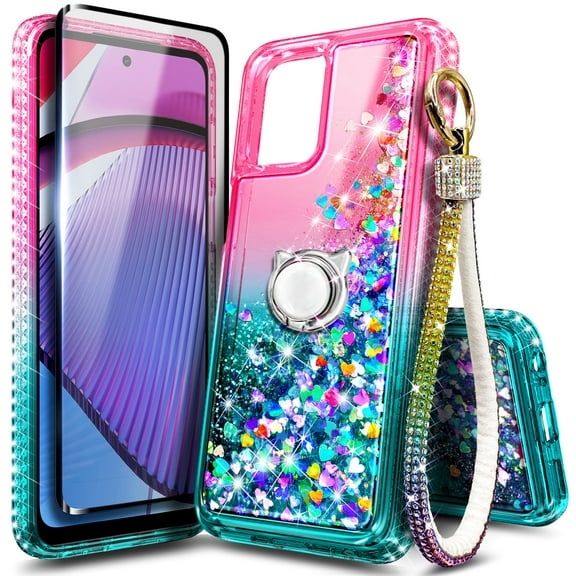 Compatible with Motorola Moto G Power 5G (2023) Case with Tempered Glass Screen Protector, Ring Holder/Wrist Strap, Nagebee Glitter Liquid Floating Waterfall Cute Phone Cover (Pink/Aqua)