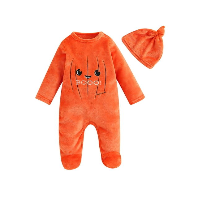 ZAXARRA Infant Baby Halloween Rompers Pumpkin Pattern Long Sleeve Footed Jumpsuit and Hat for Newborn Cute Clothes