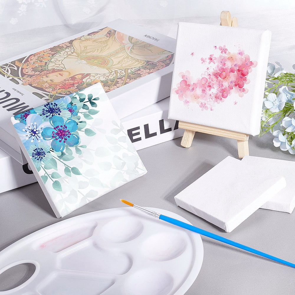 Mini Canvas Paint Set Supplies 12 Pcs Mini Canvas with Easel and 6 Pcs Art Brushes Pen Painting Craft Drawing 10.5x11.5x1.6cm
