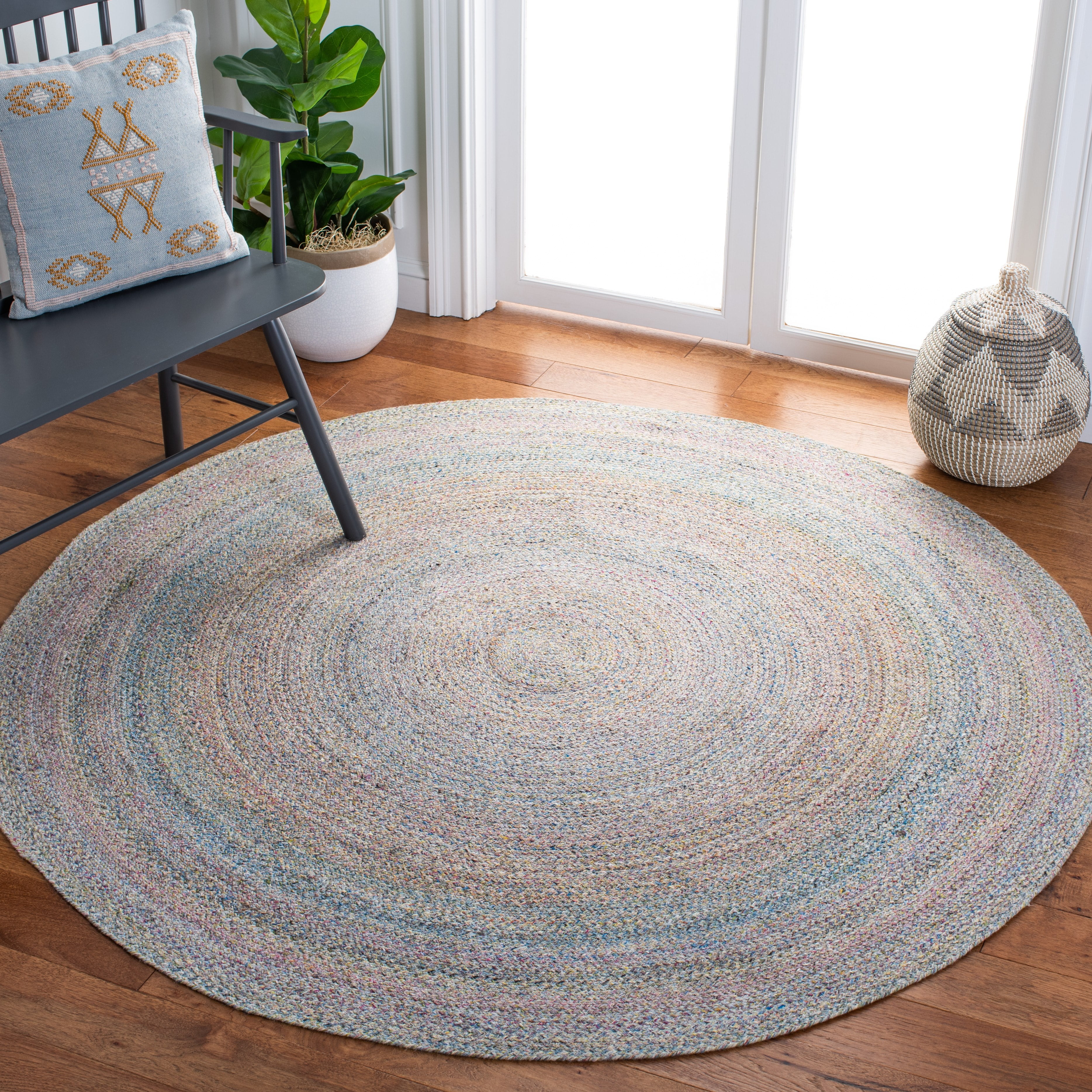 SAFAVIEH Cape Cod Audra Solid Polyester Area Rug, Blue/Green, 7' x 7' Round