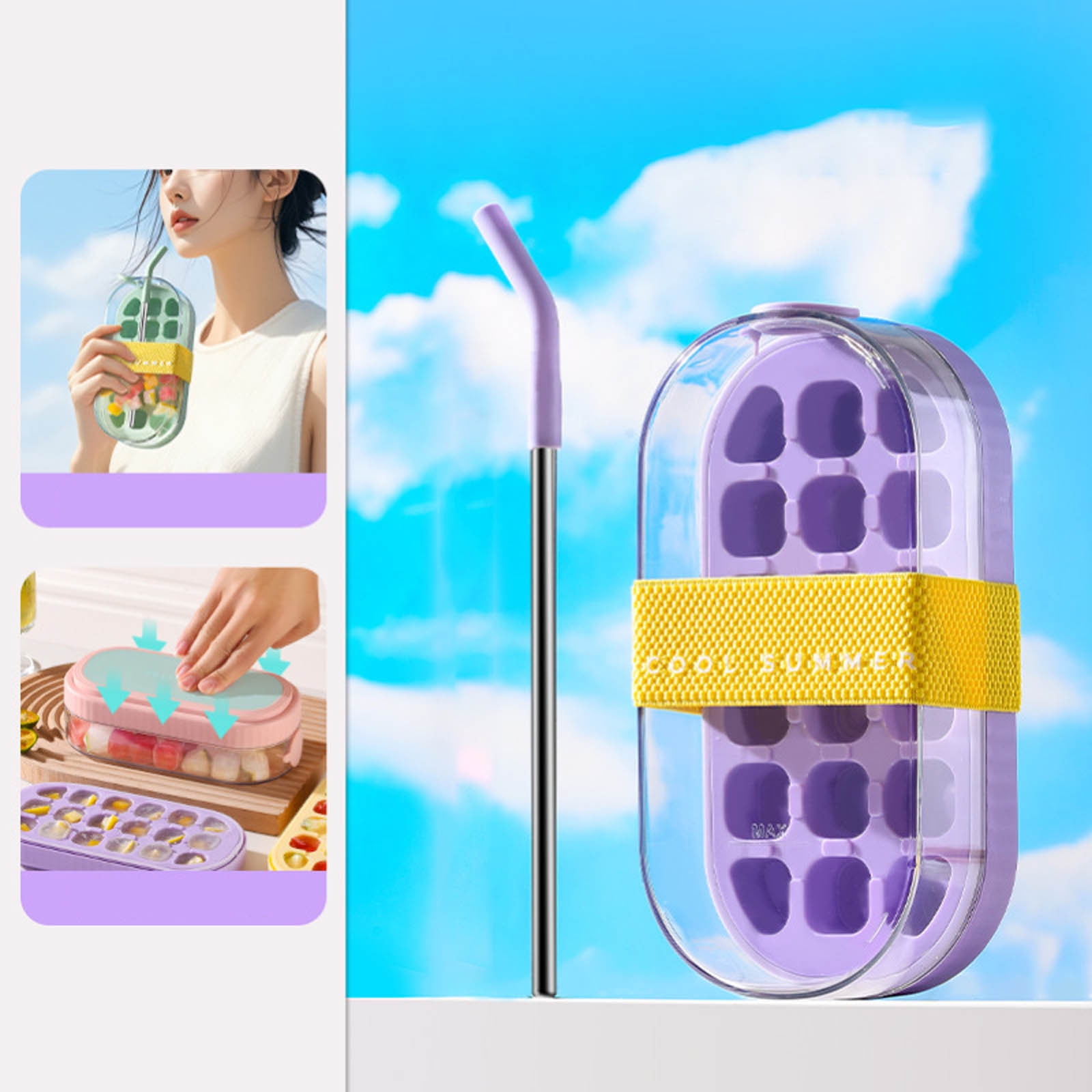 Eqslft Ice Cube Bottle, 2 in 1 Touch Free Ice Cube Tray Water Bottle Come With Reusable Straw Tray Easy To Take Ice By Pressing Suitable For Coffee Juice Drinks