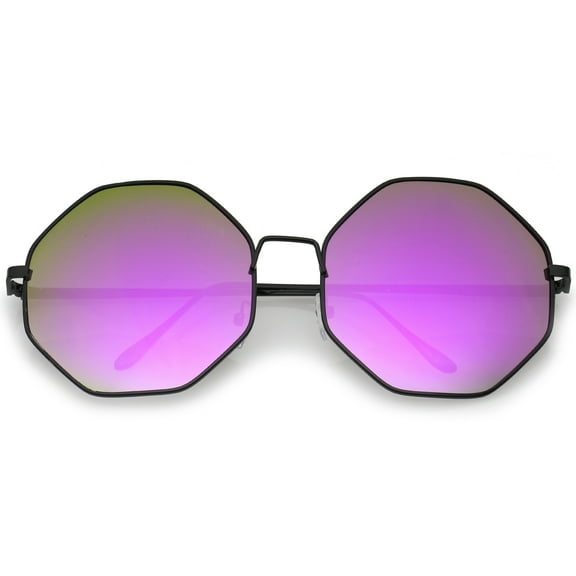 sunglassLA Female Oversize Metal Frame Slim Temple Colored Mirror Lens Hexagon Sunglasses 63mm (Black / Purple Mirror) - 63mm
