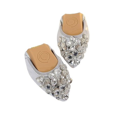 

Eloshman Ladies Flats Comfort Flat Shoes Slip On Dress Shoe Work Lightweight Pointy Toe Loafers Breathable Silver 4