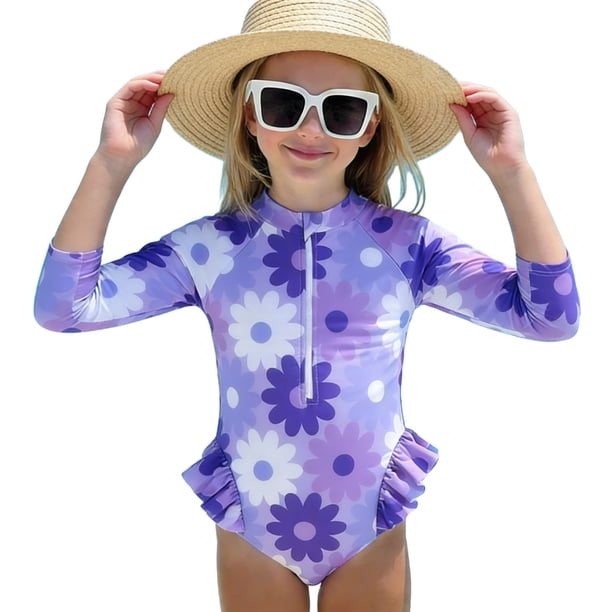 Traje de Baño de Manga Larga para Bebé Niña Traje de Baño Integrado de Impresión de Verano, Vestido de Manga Larga para Bebé Niña Estilo Ropa de Playa para Niños