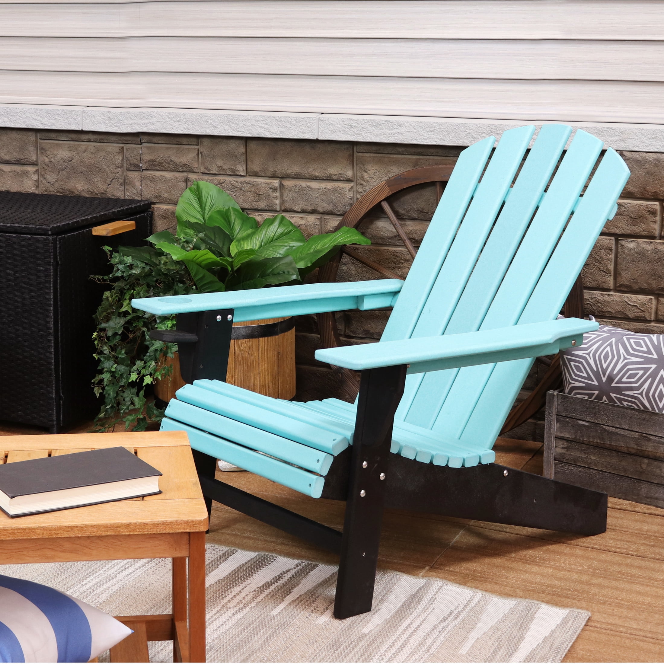 Sunnydaze HDPE Adirondack Chair with Drink Holder - Teal/Black