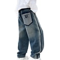 thumbnail image 2 of KYAIGUO Toddler Kids Boys Winter Solid Color Jeans Demin Pants Spring High Waisted Casual Fleece Baggy Sweatpants 5-15T, 2 of 7