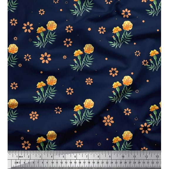 Soimoi Blue Cotton Duck Fabric Marigold Floral Printed Craft Fabric by the Yard 44 Inch Wide