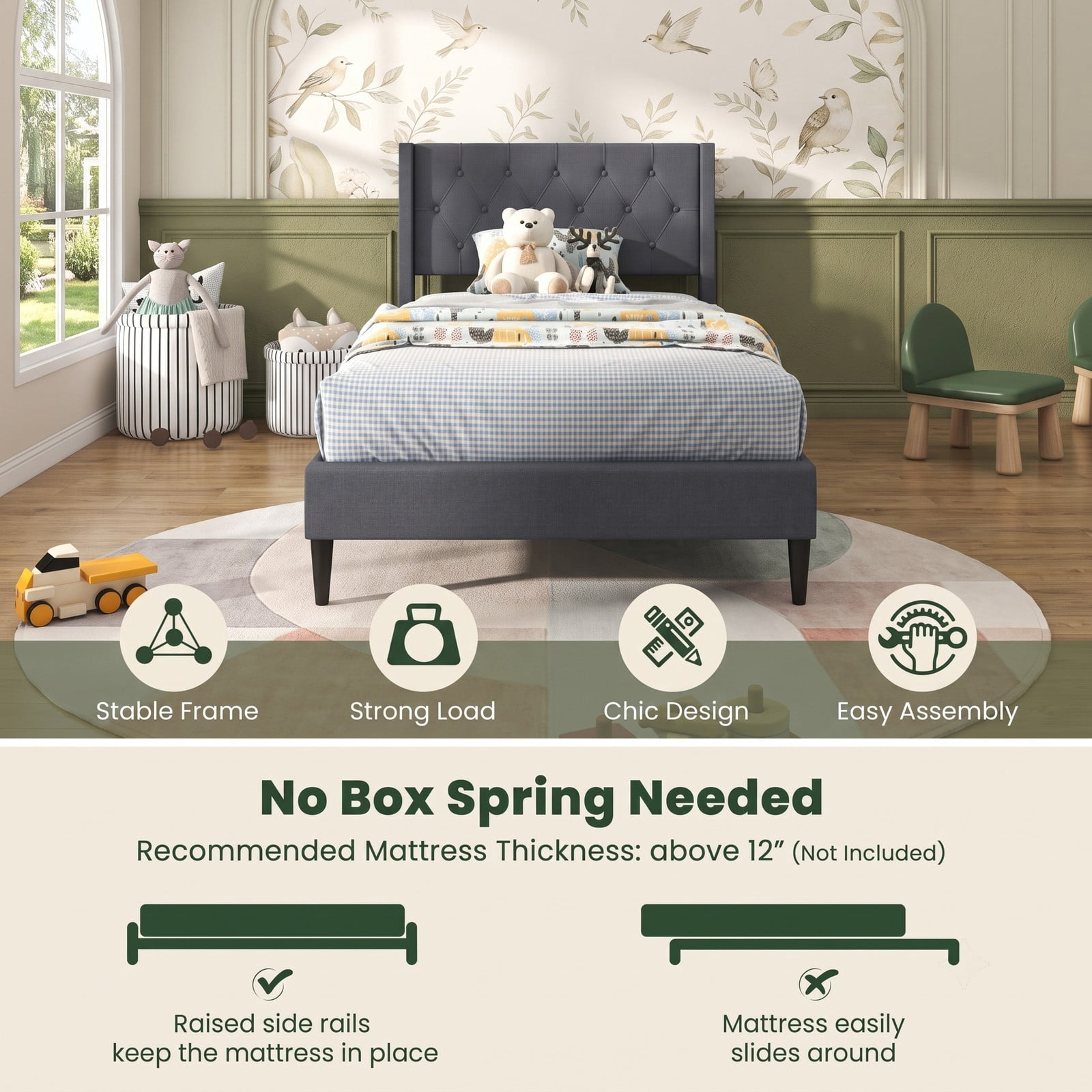 Furnibear Twin Bed Frame Upholstered Platform Bed with Button Tufted Wingback Headboard and Wood Legs, Gray