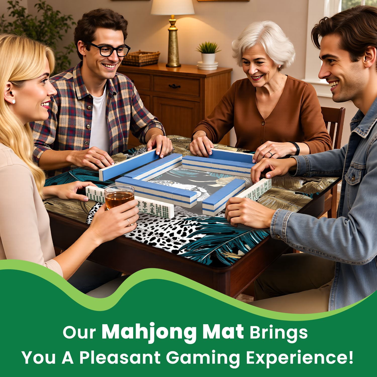 Mahjong Mat 31.5" x 31.5" Seamless Jaguars blue green Tropical banana gold exotic Non-Slip Noise Reduction American Mahjong Tiles Table Cover for Dominoes Poker Card Board Games Gift