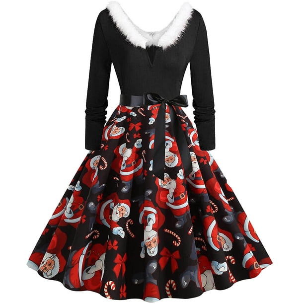 Vestido oscilante de manga larga con estampado navideño para mujer, vestido Retro con escote en V peludo y retazos Fridja NMB4206
