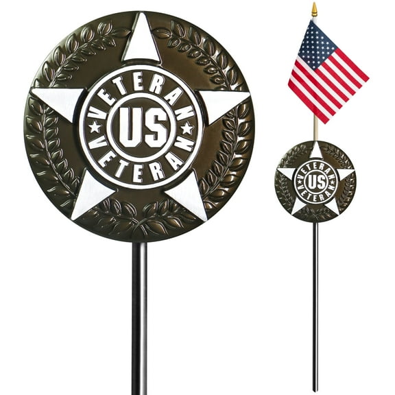 Anley US Veteran Grave Marker with US Stick Flag 34 Inch Tall - Cemetery Memorial Graveside Plaque Flag Holder Gravemarker
