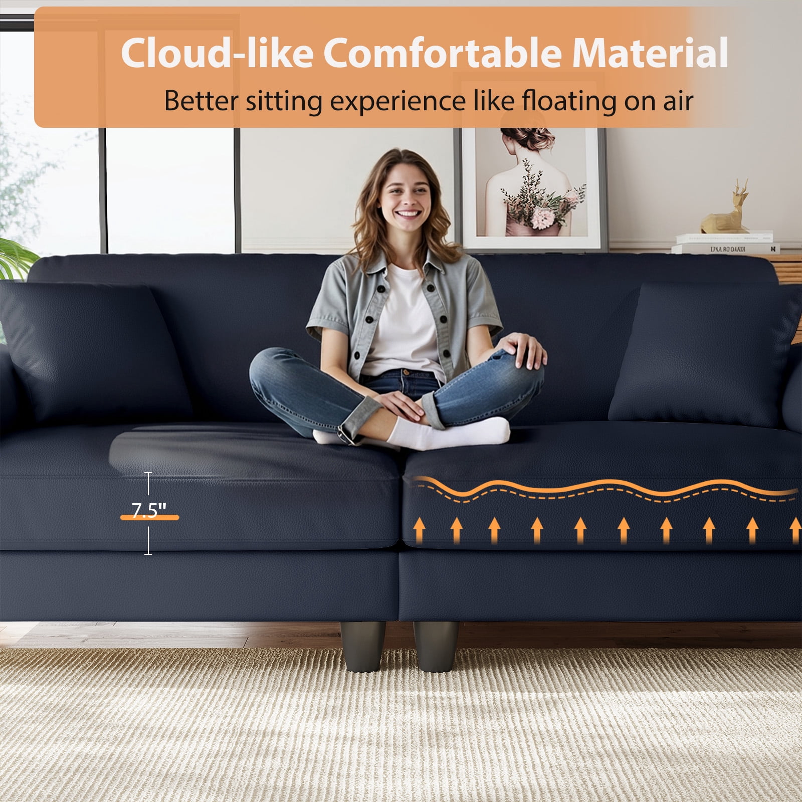 83" Couch Premium PU Leather Sofa, Deep Seat Oversized Loveseat for Living Room (Includes 2 Pillows), Navy
