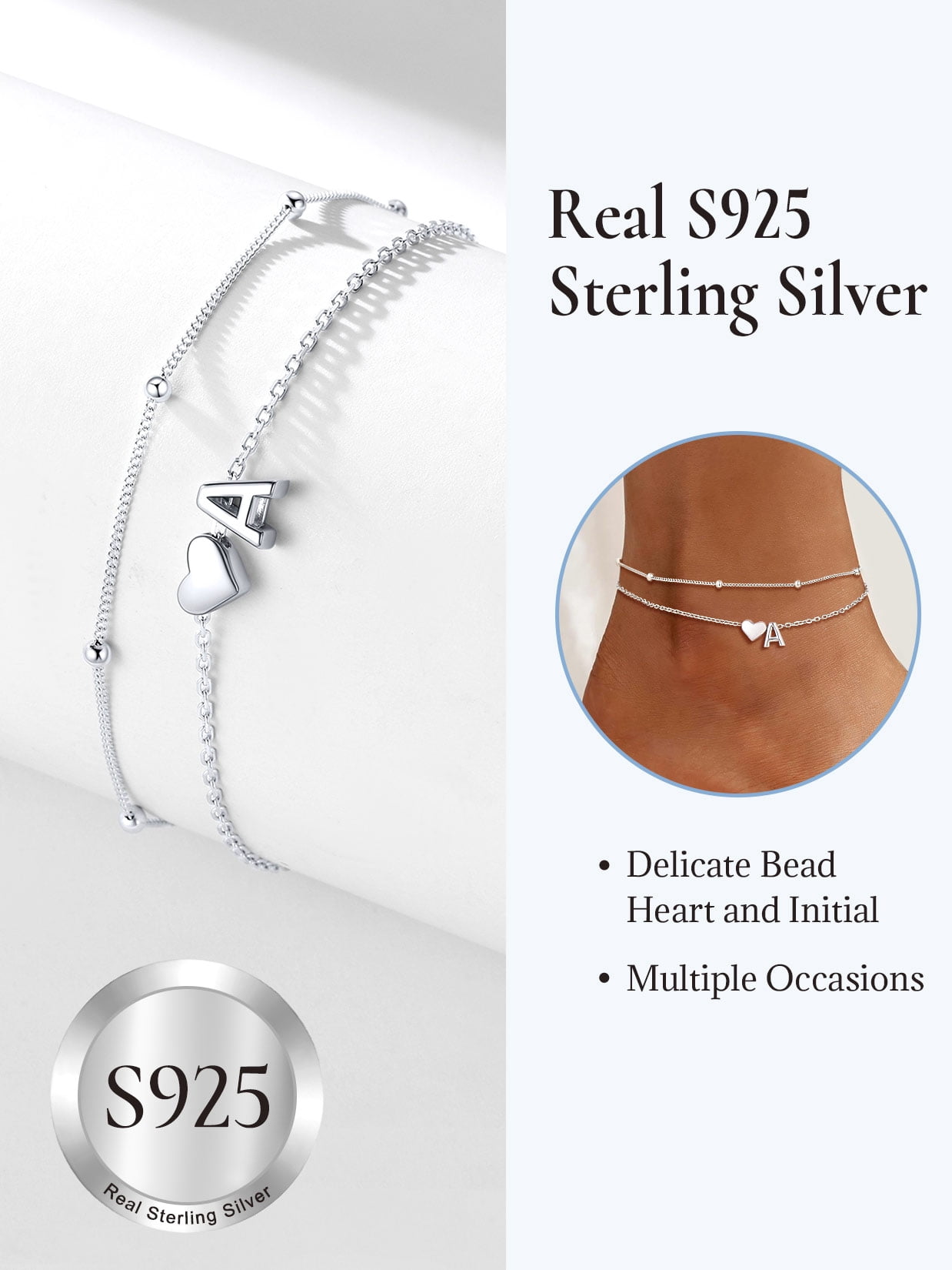 U7 Sterling Silver Anklets for Women Letter A Layered Heart Initials Ankle Bracelets Waterproof Summer Beach Jewelry Birthday Personalized Gifts for Mom Wife