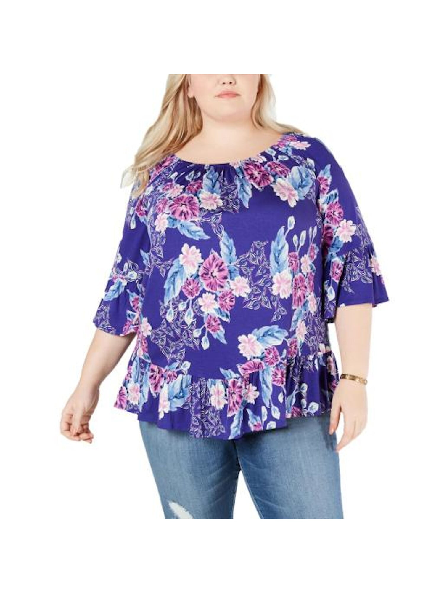 Style & Co. - STYLE & COMPANY Womens Purple Floral Bell Sleeve Jewel ...