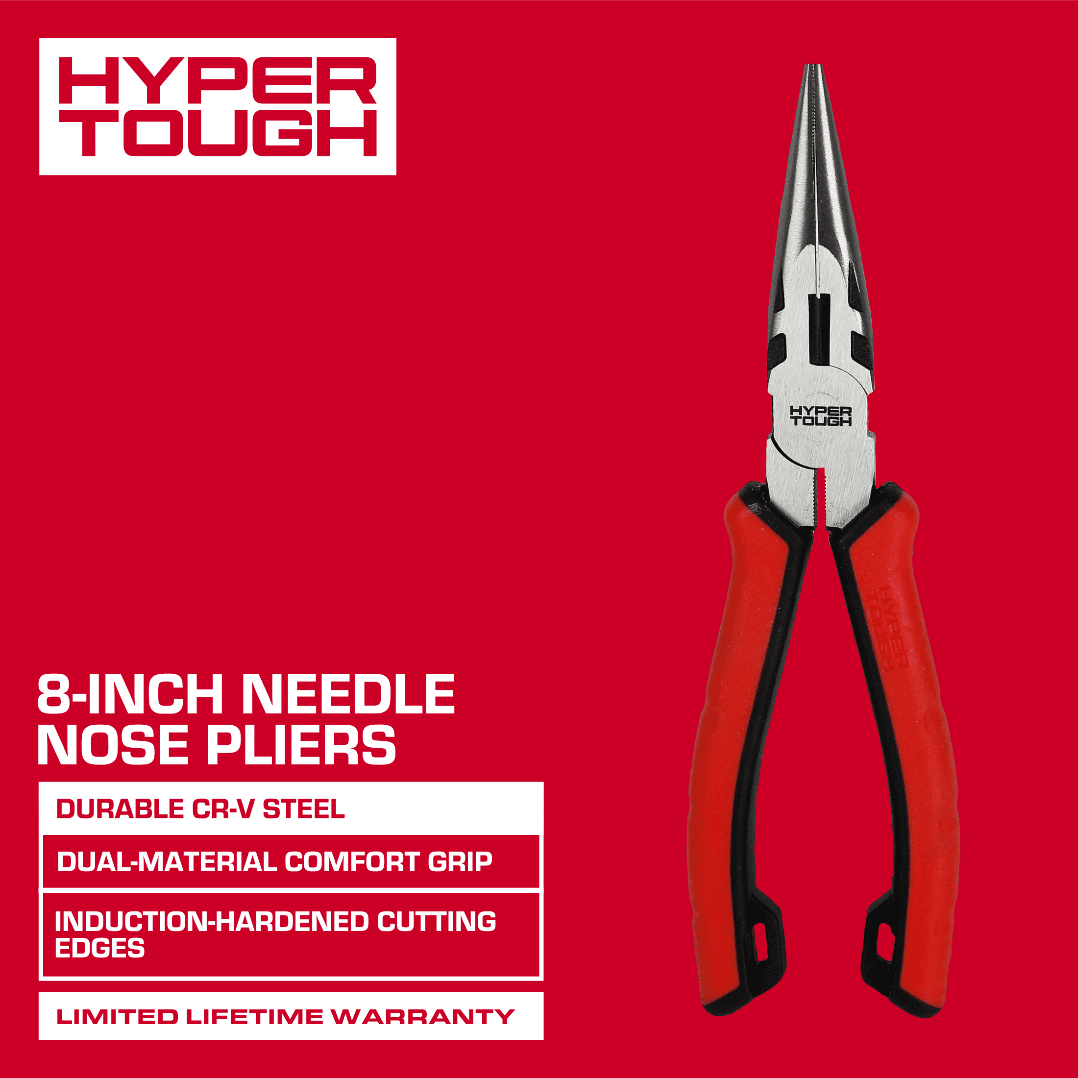 Hyper Tough 8-inch Long-Nose Pliers with Dual Material Comfort Grips