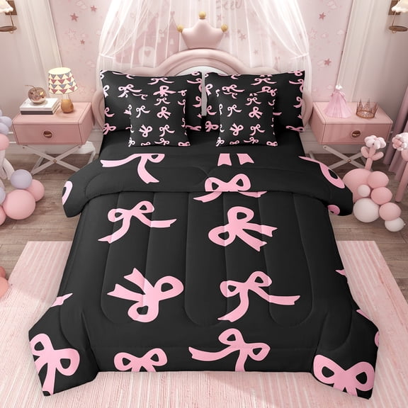 Feelyou Black Pink Bow-tie Twin Bedding Sets 7-Piece, Cute Princess Bedding Comforter Set