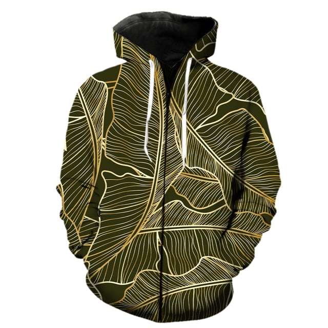 Sudadera con capucha y cremallera para hombre, diseño de hojas de plantas tropicales, unisex, divertida, informal, de manga larga, estilo Harajuku, con estampado 3D