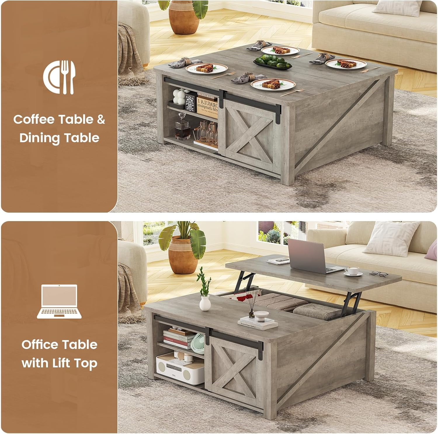 31.5" Square Lift Top Coffee Table, Farmhouse Coffee Table with Ample Storage, Wood Center Table with Sliding Doors and Large Hidden Space for Living Room Home Office, Grey