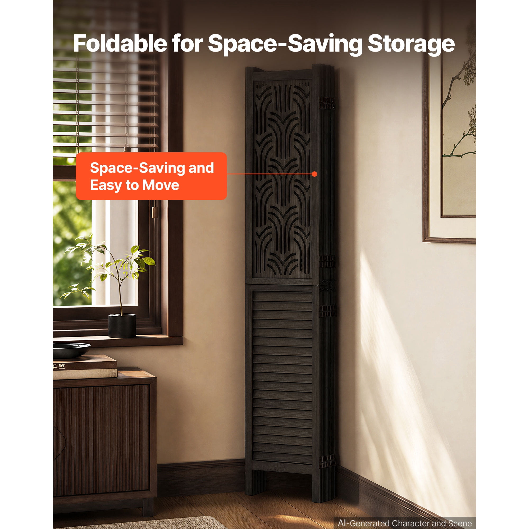 KFFKFF 6-Panel Wooden Room Divider, 67-Inch Folding Privacy Screen for Home Decoration and Space Separation, Durable Frame, Two-Way Hinges, Easy Setup, Louvered Partition with Included Hardware