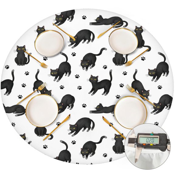 Black Cat and Paw Print White Pattern Round Fitted Tablecloth with Elastic Edge, Waterproof Dining Table Cover for Indoor Outdoor Camping and Daily Use