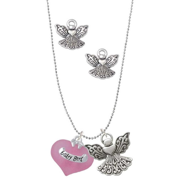 Delight Jewelry Baby Girl Pink Heart with Baby Feet Silver tone Guardian Angel Charm Necklace and Stud Earrings
