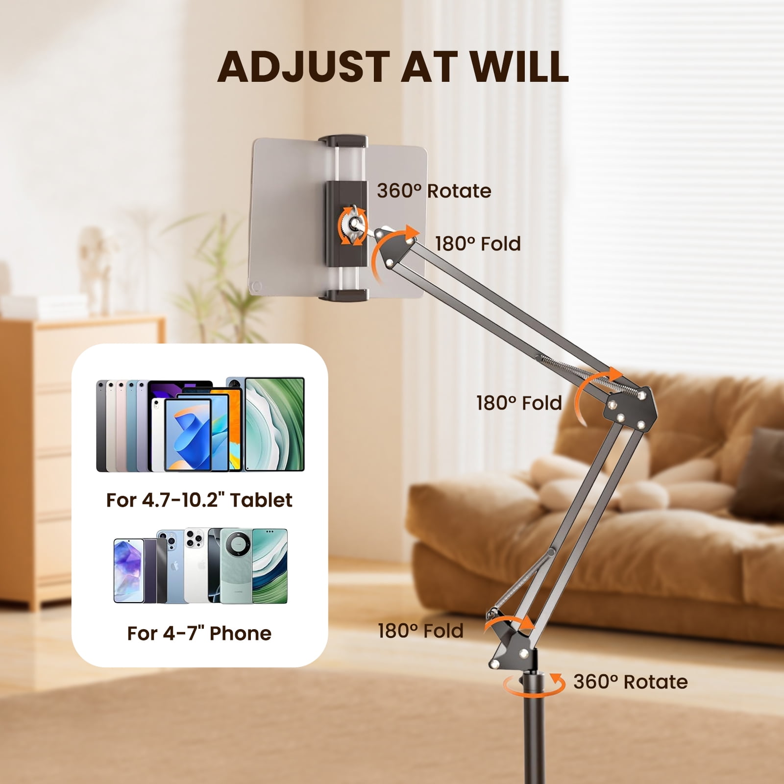 ETEPEHI Tablet Floor Stand: 360-degree Rotatable Metal Tablet Holder - Universal iPad Stand Compatible with iPhone iPad Pro Air Mini, Compatible for Samsung Tab, E-Readers