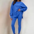 thumbnail image 2 of Women 2 Piece Tracksuit Set Solid Long Sleeve Crew Neck Side Split Top and Skinny Pants Loose Casual Loungewear Outfit for Daily Street Wear Blue, 2 of 7