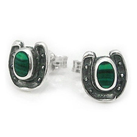 - Sterling Silver Lucky Horseshoe Stone Stud Post Earrings, Malachite