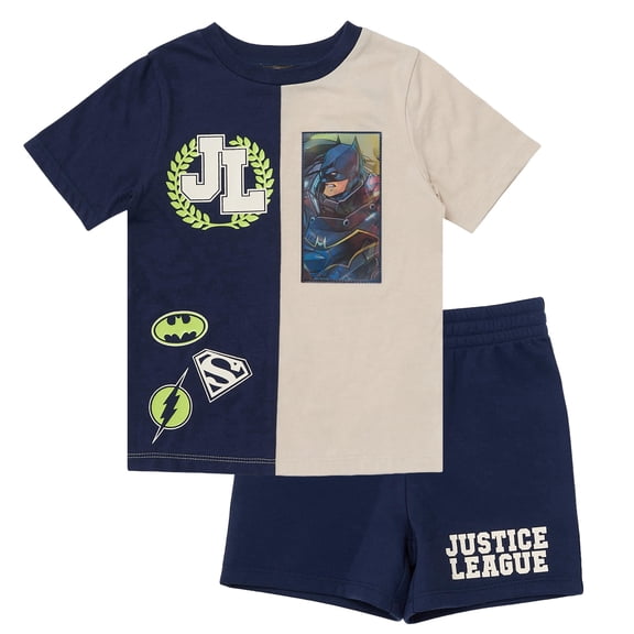 DC Comics Justice League Boys T-Shirt & Shorts Set, Batman Superman Flash Superhero Lenticular Patch (Navy, 2T)