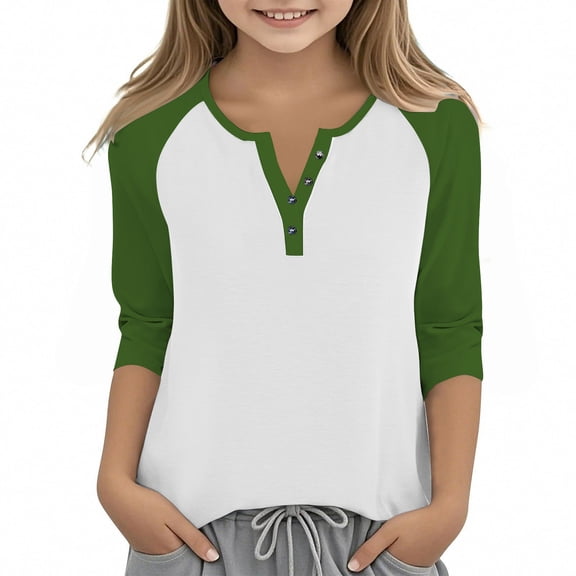 Efsteb Girls Tops Casual 3/4 Sleeve V-Neck Color Block Print Comfy Button Tshirts Lightweight for Holidays(Army Green,11 Years)