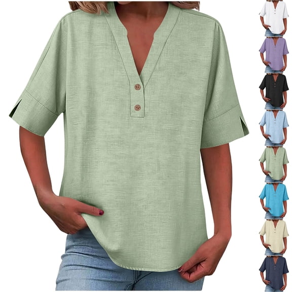Bixock Women's Casual Short Sleeve Blouse,V-Neck Soild Color Tops,Linen Fashion Solid Color Button Loose Fitted Casual Daily T-shirts