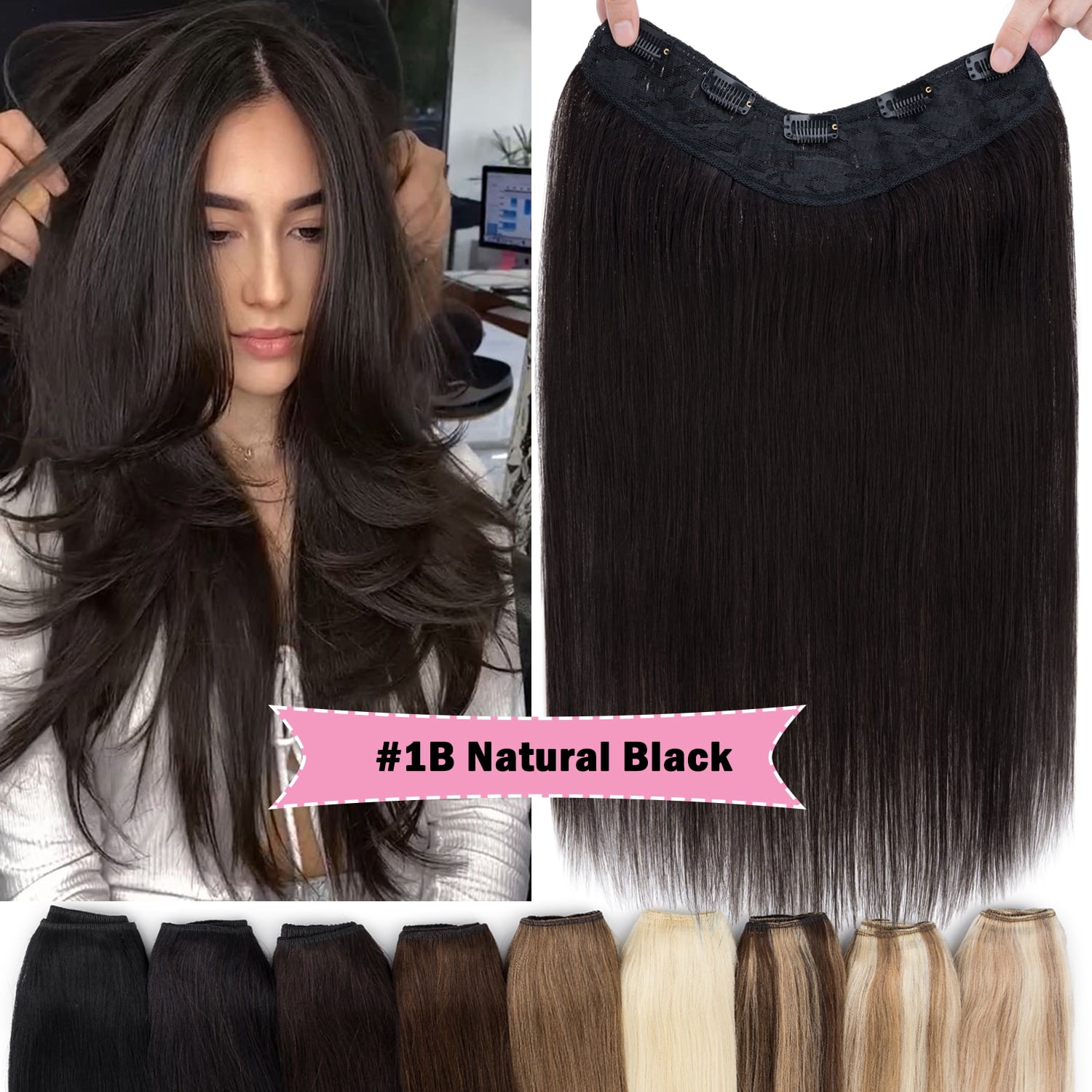 Benehair New V-Shaped Clip In Hair Extensions One Piece 100% Remy Real Human Hair Weft U Shaped 3/4 Full Head Straight Hair Balck for Women