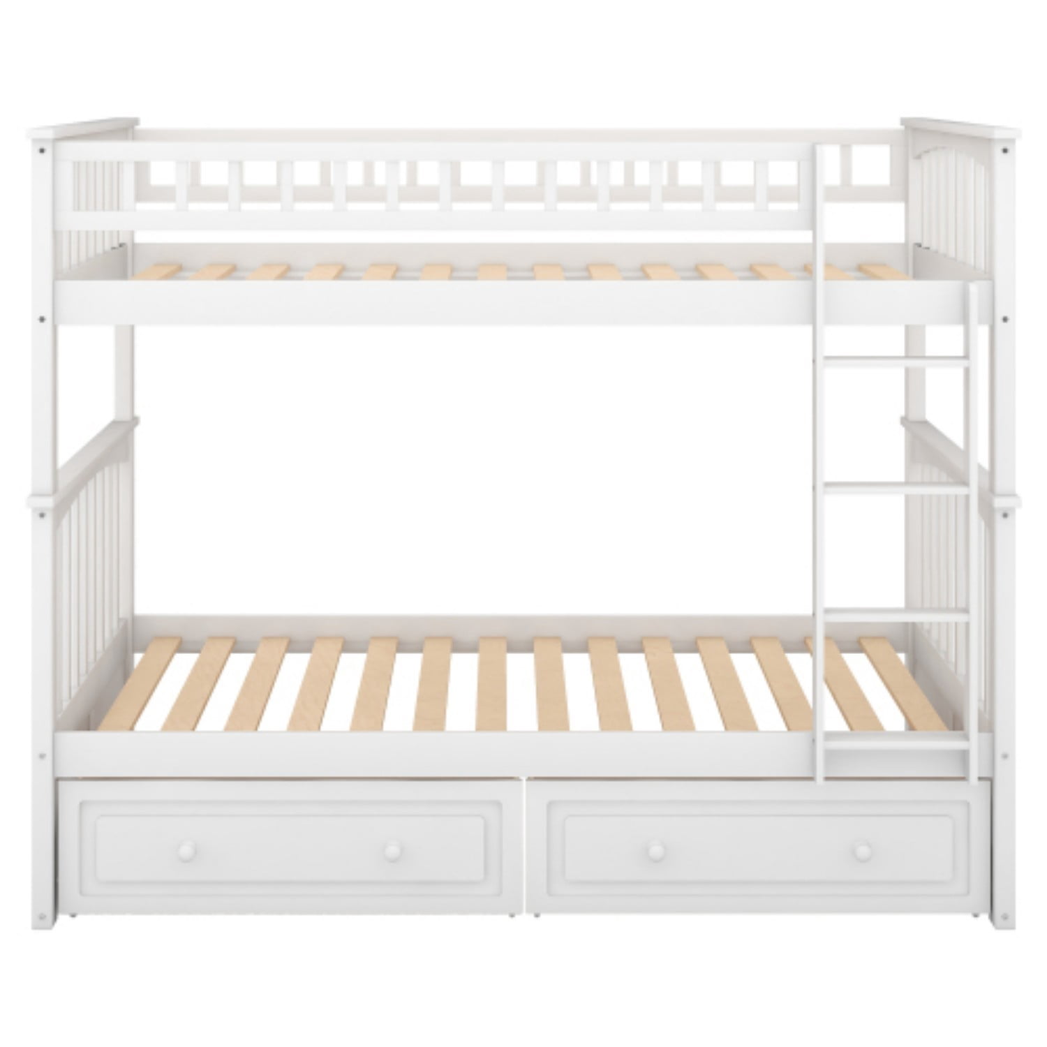 Twin Over Twin Bunk Bed with Storage Drawers, Convertible Wood Bunk Bed with Safety Guardrails, Solid Pine Wood Kids Bed Frame for Bedroom, White