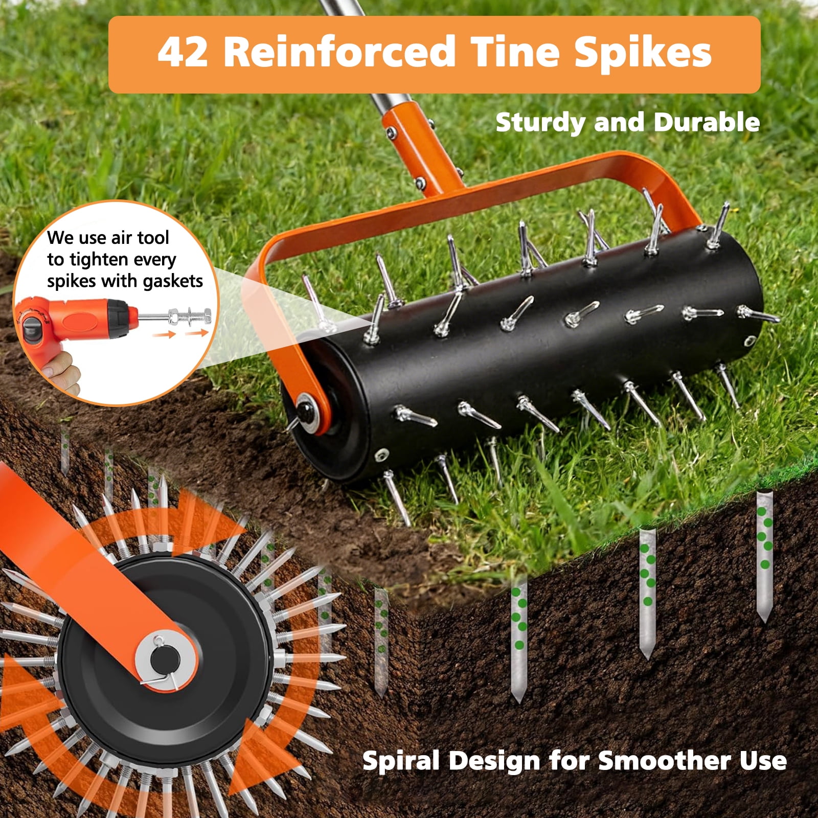 ROMUCHE Rolling Lawn Aerator - 42 Spikes with Spiral Design, 71" Adjustable Handle Manual Push Aerator Lawn Tool for Compacted Soil in Yard, Grass,Garden, Patio